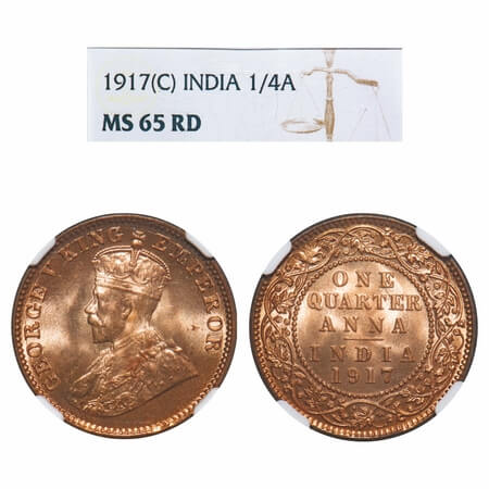 George V, Bronze, Quarter Anna, 1917, Calcutta Mint, No dot. F. Prid 662. GK 1176. NGC Sla
