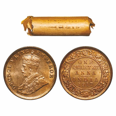 George V, Bronze, Quarter Anna, (Roll of 32 coins), 1917, Calcutta Mint, No dot, 32 coins 