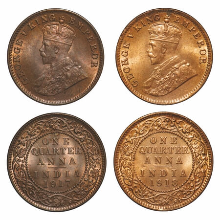 George V, Bronze, Quarter Anna, (2 coins), 1917, 1918, Calcutta Mint, No dot. F. Prid 663,