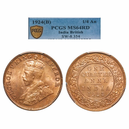 George V, Bronze, Quarter Anna, 1924, Bombay Mint, Dot. F. Prid 677. GK 1180. PCGS Slabbed