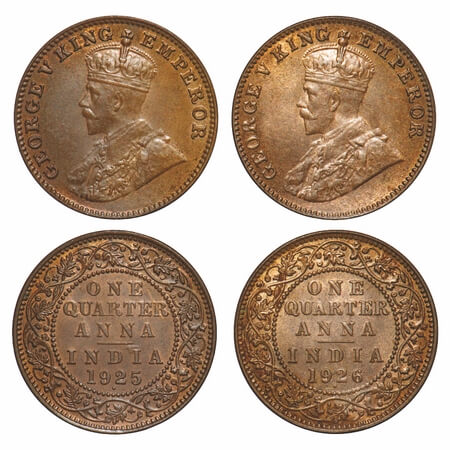 George V, Bronze, Quarter Anna, (2 coins), 1925, 1926, Bombay Mint, Dot. F. Prid 678, 679.