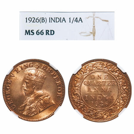 George V, Bronze, Quarter Anna, 1926, Bombay Mint, Dot. F. Prid 679. GK 1183. NGC Slabbed 