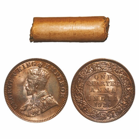 George V, Bronze, Quarter Anna, (Roll of 32 coins), 1926, Bombay Mint, Dot. 32 coins in im