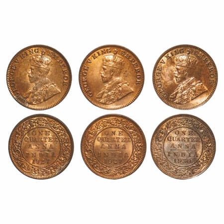 George V, Bronze, Quarter Anna, (3 coins), 1927 (2 coins), 1930, Bombay Mint, Dot. F. Prid