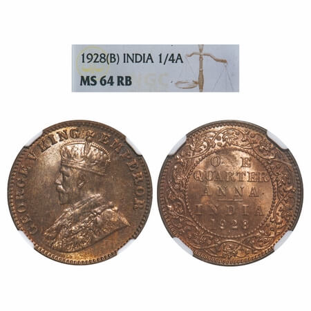 George V, Bronze, Quarter Anna, 1928, Bombay Mint, Dot. F. Prid 681. GK 1187. NGC Slabbed 