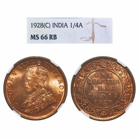George V, Bronze, Quarter Anna, 1928, Calcutta Mint, No dot. F. Prid 669. GK 1188. NGC Sla