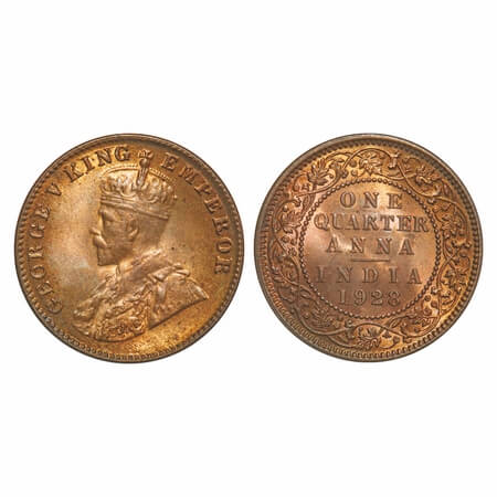George V, Bronze, Quarter Anna, 1928, Calcutta Mint, No dot. F. Prid 669. GK 1188. Mint St