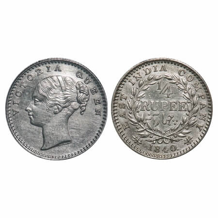 Victoria Queen, Silver, 1/4 Rupee, 1840, CL, Calcutta Mint, A/I, English Head, Wreath with