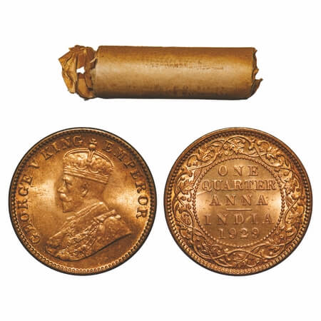 George V, Bronze, Quarter Anna, (Roll of 32 coins), 1929, Calcutta Mint, No dot, 32 coins 