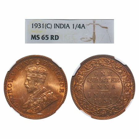 George V, Bronze, Quarter Anna, 1931, Calcutta Mint, No dot. F. Prid 672. GK 1192. NGC Sla