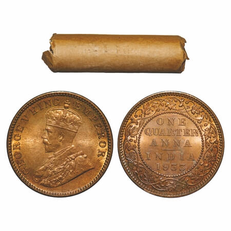 George V, Bronze, Quarter Anna, (Roll of 32 coins), 1933, Calcutta Mint, No dot, 32 coins 