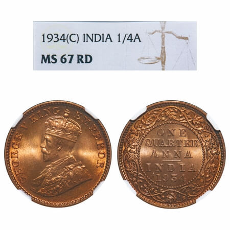 George V, Bronze, Quarter Anna, 1934, Calcutta Mint, No dot. F. Prid 674. GK 1194. NGC Sla