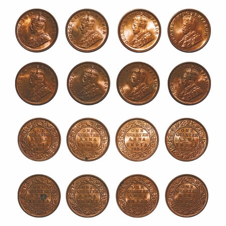 George V, Bronze, Quarter Anna, (8 coins), 1934, Calcutta Mint, No Dot. F. Prid 674(8). GK