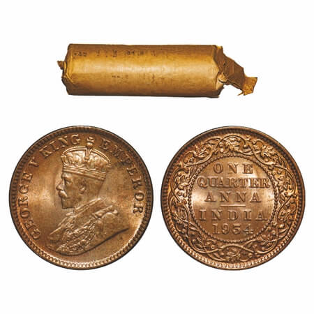 George V, Bronze, Quarter Anna, (Roll of 32 coins), 1934, Calcutta Mint, No dot, 32 coins 