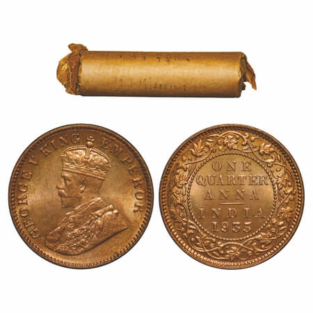 George V, Bronze, Quarter Anna, (Roll of 32 coins), 1935, Calcutta Mint, No dot, 32 coins 
