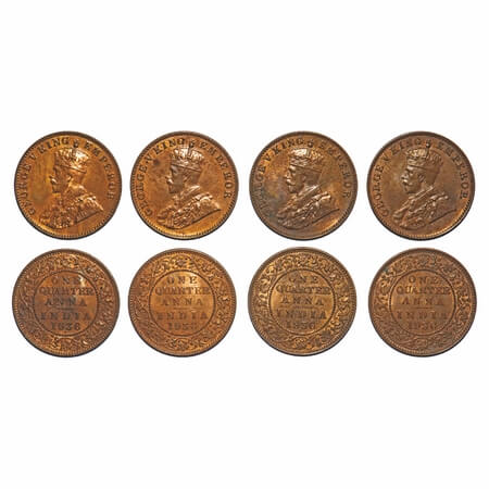 George V, Bronze, Quarter Anna, (4 coins), 1936, Bombay Mint, Dot. F. Prid 683(4). GK 1196
