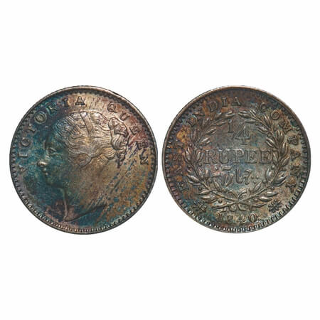 Victoria Queen, Silver, 1/4 Rupee, 1840, CL, Calcutta Mint, A/I, English Head, Wreath with