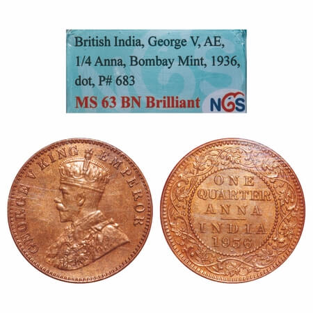 George V, Bronze, Quarter Anna, 1936, Bombay Mint, Dot. F. Prid 683. GK 1196. NGS Slabbed 