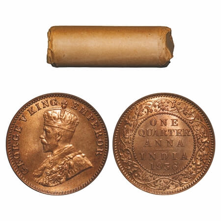 George V, Bronze, Quarter Anna, (Roll of 32 coins), 1936, Bombay Mint, Dot. 32 coins in im