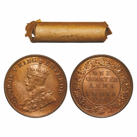 George V, Bronze, Quarter Anna, (Roll of 32 coins), 1936, Bombay Mint, Dot, 32 coins in im