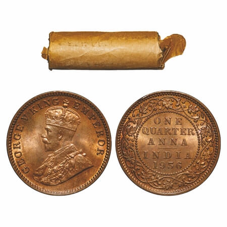 George V, Bronze, Quarter Anna, (Roll of 32 coins), 1936, Calcutta Mint, No dot, 32 coins 