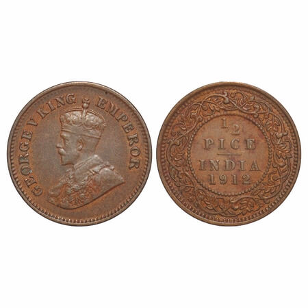 George V, Bronze, 1/2 Pice, 1912, Calcutta Mint, No mint mark. F. Prid 745. GK 1198. Extre