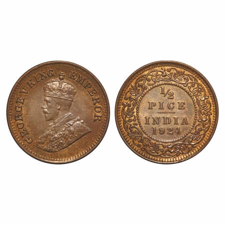 George V, Bronze, 1/2 Pice, 1924, Calcutta Mint, No mint mark. F. Prid 757. GK 1210. Uncir