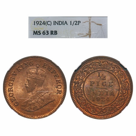 George V, Bronze, 1/2 Pice, 1924, Calcutta Mint, no mint mark. F. Prid 757. GK 1210. NGC S
