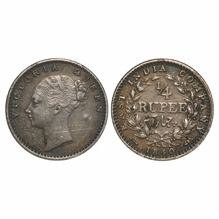 Victoria Queen, Silver, 1/4 Rupee, 1840, CL, Calcutta Mint, C/II, English Head but single 
