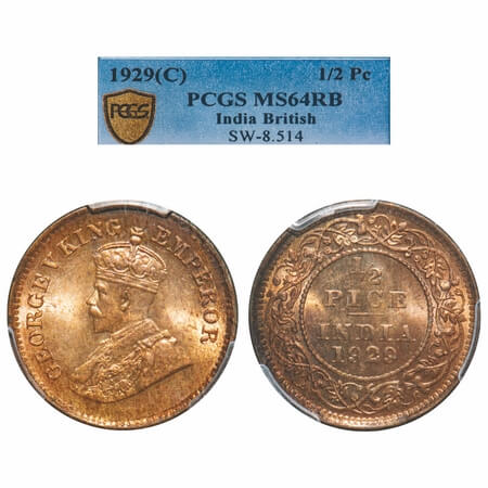 George V, Bronze, 1/2 Pice, 1929, Calcutta Mint, No mint mark. F. Prid 762. GK 1215. PCGS 