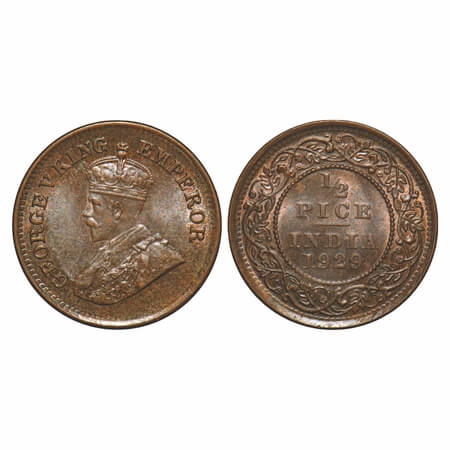 George V, Bronze, 1/2 Pice, 1929, Calcutta Mint, No mint mark, Ghost on Rev. F. Prid 762. 