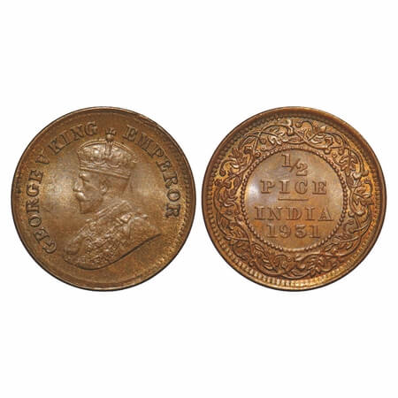 George V, Bronze, 1/2 Pice, 1931, Calcutta Mint, No mint mark. F. Prid 764. GK 1217. Uncir