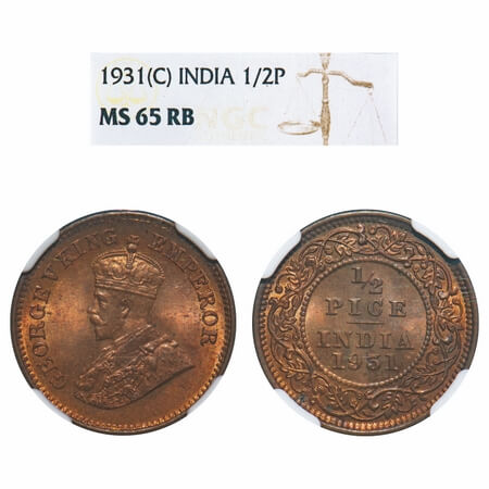 George V, Bronze, 1/2 Pice, 1931, Calcutta Mint, No mint mark. F. Prid 764. GK 1217. NGC S