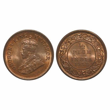 George V, Bronze, 1/2 Pice, 1932, Calcutta Mint, No mint mark, Ghost on Rev. F. Prid 765. 