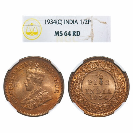 George V, Bronze, 1/2 Pice, 1934, Calcutta Mint, No mint mark. F. Prid 767. GK 1220. NGC S