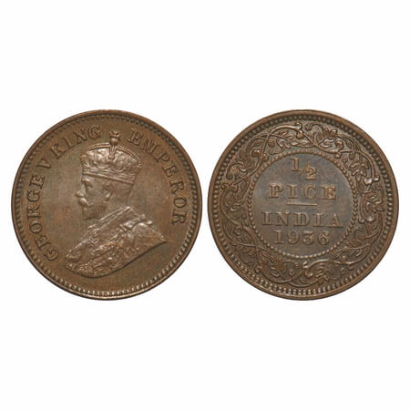 George V, Bronze, 1/2 Pice, 1936, Calcutta Mint, No mint mark. F. Prid 769. GK 1222. Uncir