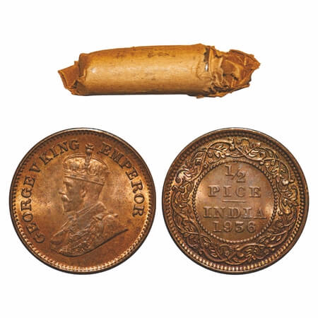 George V, Bronze, 1/2 Pice, (Roll of 24 coins), 1936, Calcutta Mint, No mint mark, 24 coin