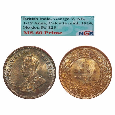 George V, Bronze, 1/12 Anna, 1914, Calcutta Mint, No dot. F. Prid 829. GK 1225. NGS Slabbe
