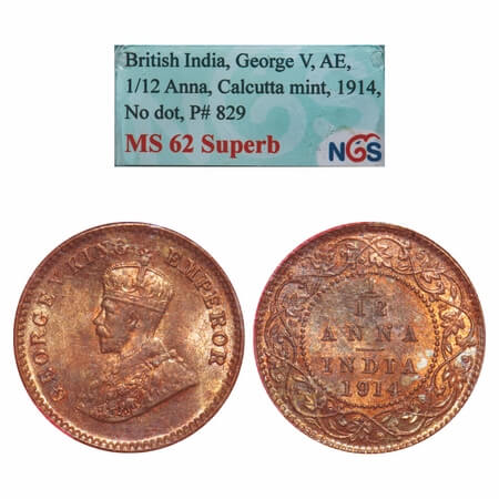 George V, Bronze, 1/12 Anna, 1914, Calcutta Mint, No dot. F. Prid 829. GK 1225. NGS Slabbe