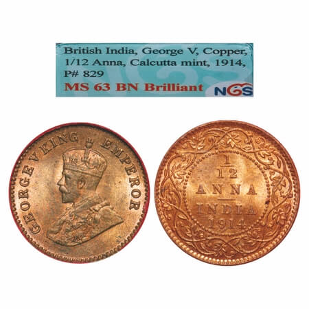George V, Bronze, 1/12 Anna, 1914, Calcutta Mint, No dot. F. Prid 829. GK 1225. NGS Slabbe
