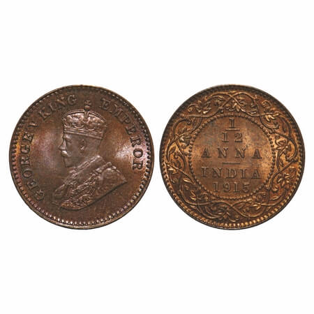 George V, Bronze, 1/12 Anna, 1915, Calcutta Mint, No dot. F. Prid 830. GK 1226. Mint State