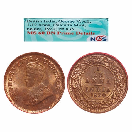 George V, Bronze, 1/12 Anna, 1920, Calcutta Mint, No dot. F. Prid. 835. GK 1231. NGS Slabb