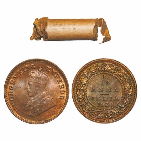 George V, Bronze, 1/12 Anna, (Roll of 24 coins), 1920, Calcutta Mint, No dot. Single mint 