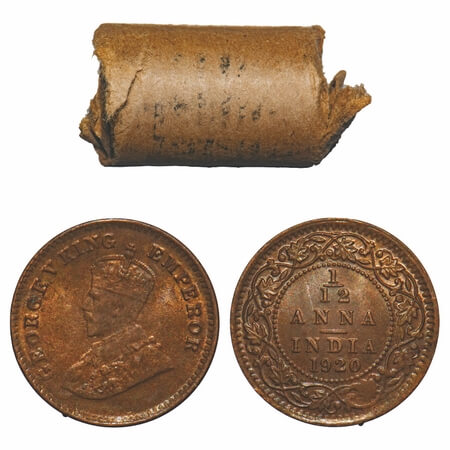 George V, Bronze, 1/12 Anna, (Roll of 24 coins), 1920, Calcutta Mint, No dot. 24 coins in