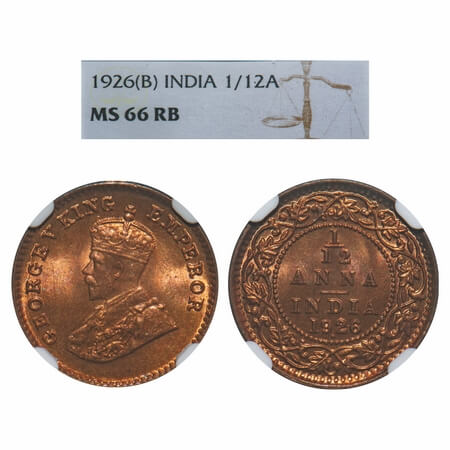 George V, Bronze, 1/12 Anna, 1926, Bombay Mint, Dot. F. Prid 854. GK 1239. NGC Slabbed MS 