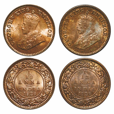 George V, Bronze, 1/12 Anna, ( 2 coins), 1926, 1) Bombay Mint, Dot, 2) Calcutta Mint, No d