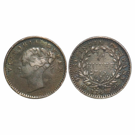 Victoria Queen, Silver, 1/4 Rupee, 1840, CL, Madras Mint, A(a)/I, 'S' incused and 'V' rais