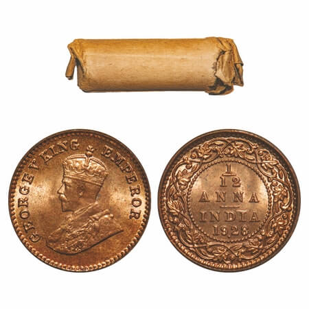 George V, Bronze, 1/12 Anna, (Roll of 24 coins), 1928, Bombay Mint, Dot. 24 coins in immac