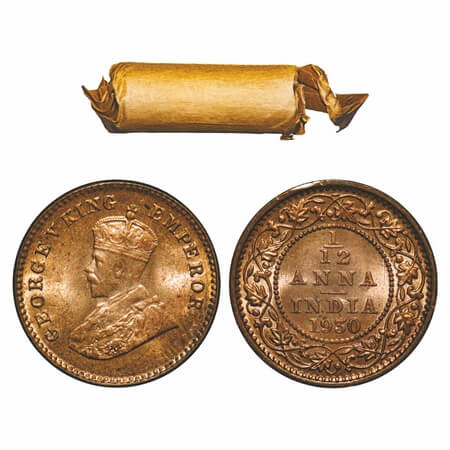 George V, Bronze, 1/12 Anna, (Roll of 24 coins), 1930, Calcutta Mint, No dot, 24 coins in 