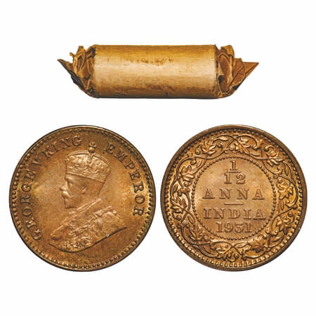 George V, Bronze, 1/12 Anna, (Roll of 24 coins), 1931, Calcutta Mint, No dot, 24 coins in 